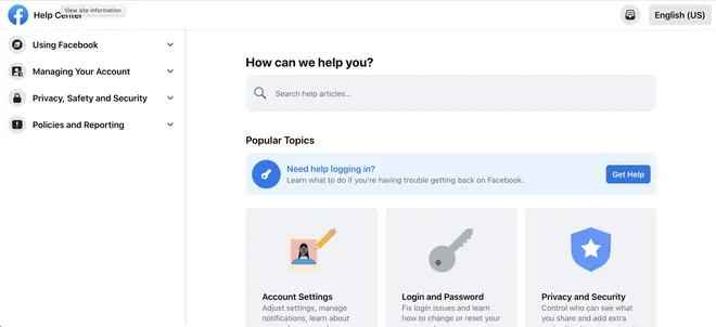 Facebook's Help Center page