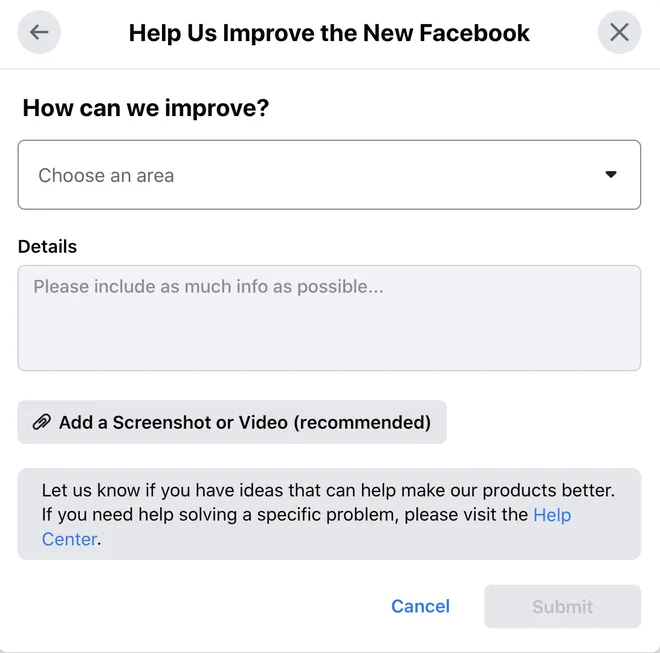 submit feedback to Facebook and report